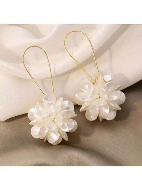 Val Jewerly Jewelry - 3D Floral Earrings White Big Flowers Gold Plated Dangle Earrings